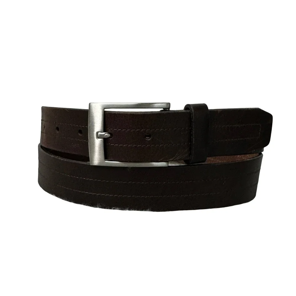 Genuine Leather Dark Brown Double Stitched Dress Belt Size 44 Silver Buckle